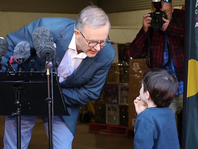 Anthony Albanese meets Sammy, the newest member of the media entourage. Picture: Liam Kidston