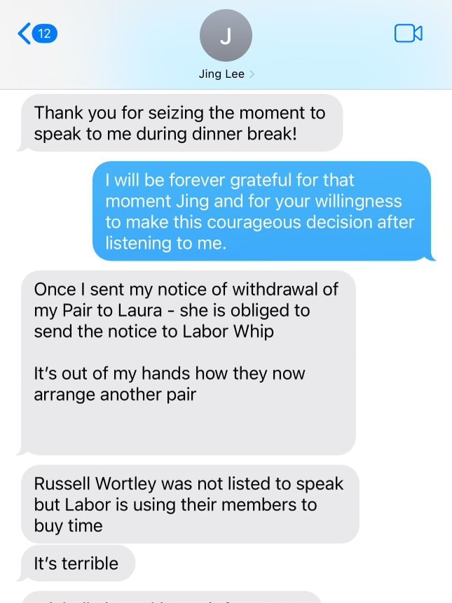 A text exchange, supplied by Joanna Howe, between her and Jing Lee on the night on the abortion vote.