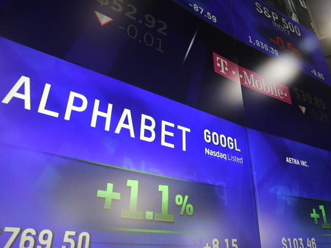 Electronic screens post the price of Alphabet stock ahead of the Google parent company’s quarterly earnings.