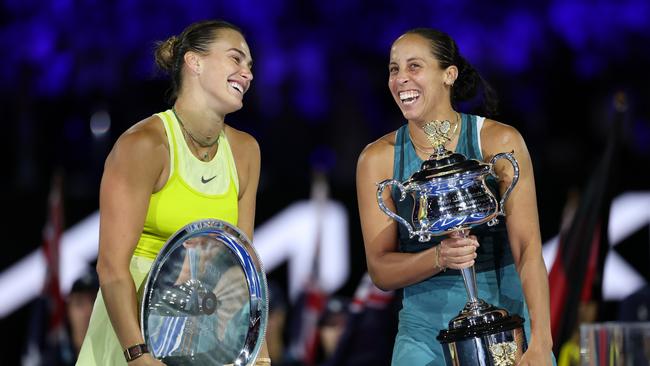 Winner Madison Keys and runner-up Aryna Sabalenka at the trophy presentation. Picture: Clive Brunskill/Getty Images