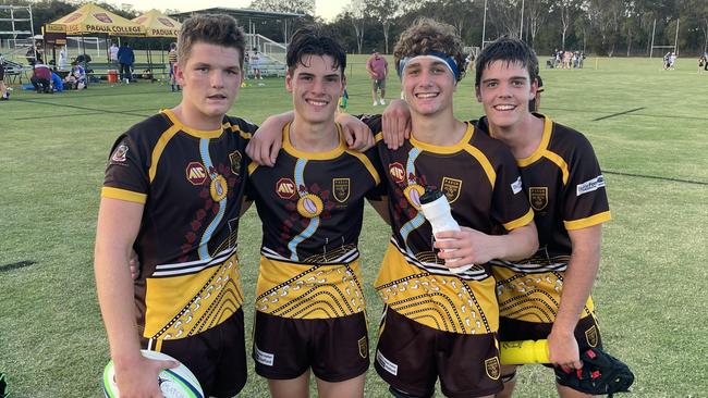 Padua College celebrates the 26-15 win over Ashgrove - Brock Powell, Isaac Boal, Joshua Forrest, Will Tozer.