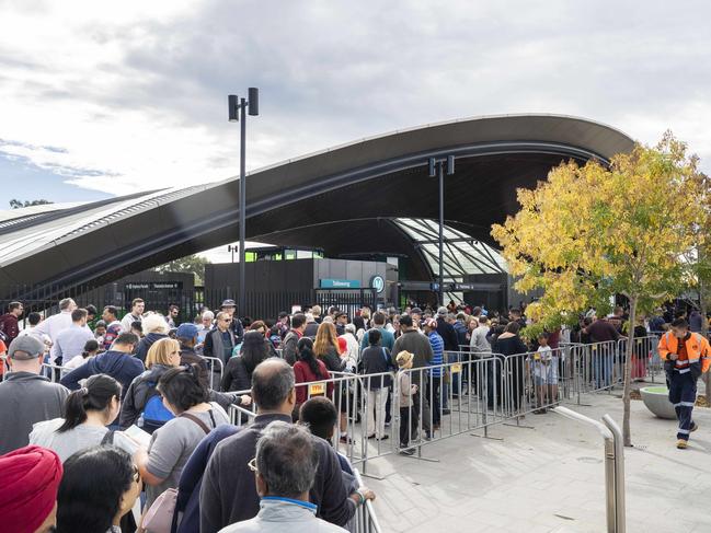 HILL SHIRE TIMES/AAP. The Sydney Metro Northwest opening to the public today for the first time. After decades of hope the line would be built across The Hills. Crowds waiting to get in and ride the new Sydney Metro train.  Photographed today 26th May 2019. (AAP/Image Matthew Vasilescu