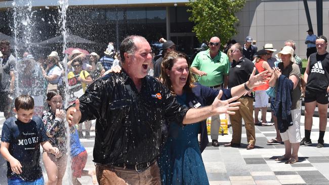 Ipswich mayor Teresa Harding and Paul 'Campo' Campion at the official opening of Tulmur Place in the Nicholas Street Precinct in November.