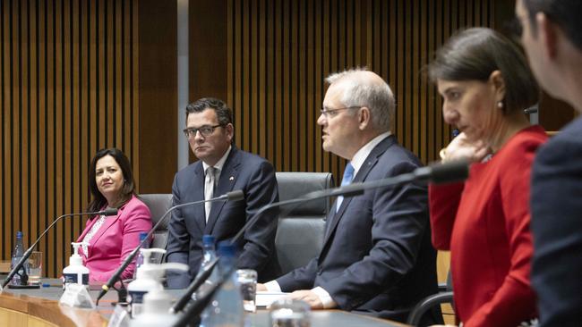 Prime Minister Scott Morrison with state and territory premiers at National Cabinet. Picture: NCA NewsWire / Gary Ramage