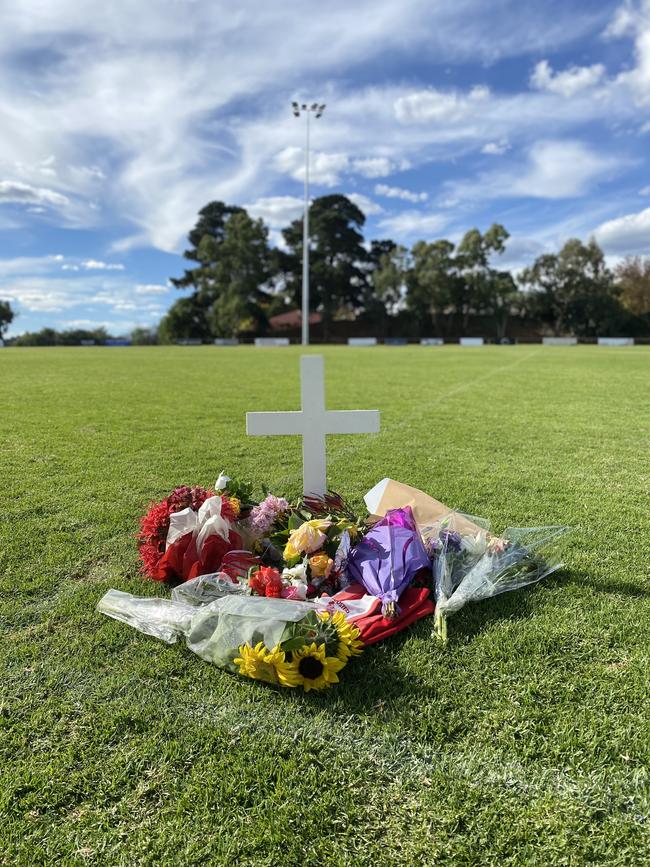 Tributes left for Antonio Loiacono at Gumeracha Oval. Picture: Agnes Gichuhi