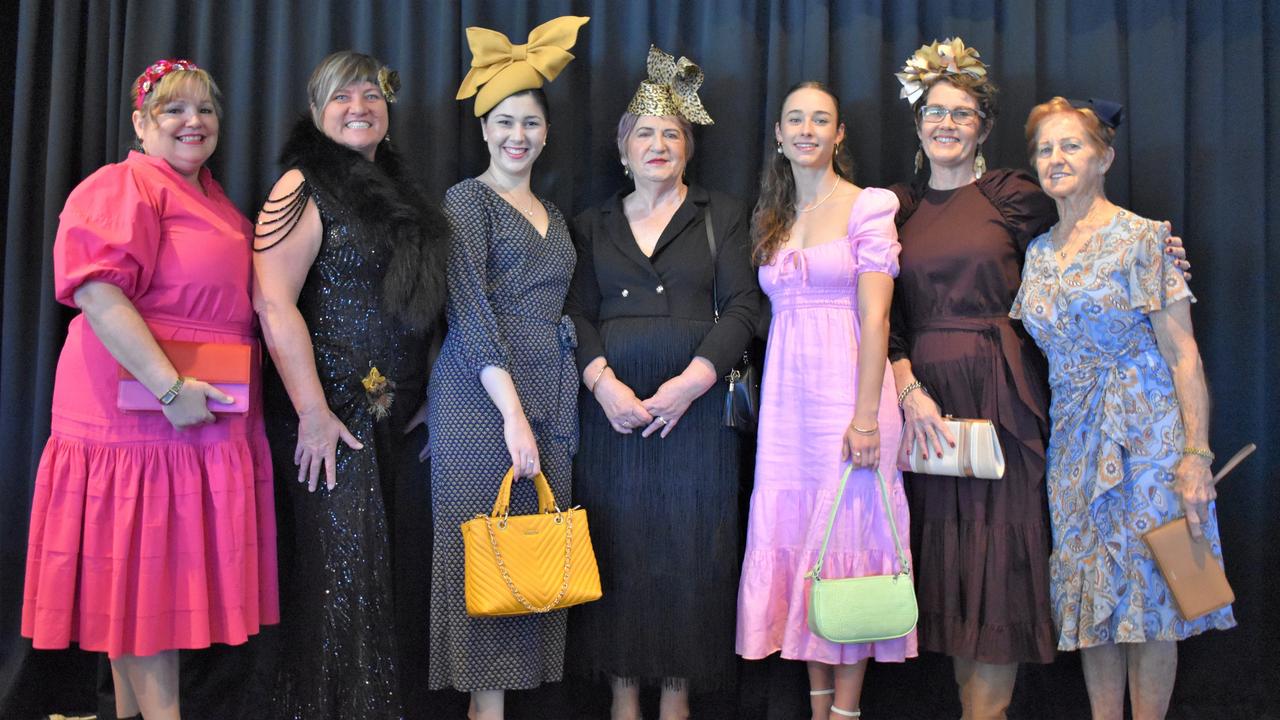 Amanda McDonald, Cath Rogers, Alice Galea, Hazel Reynolds, Phoebe Doolan, Vicki Doolan and Joan Saunders at the 2023 Rockhampton Girls Grammar 21st Race Day.