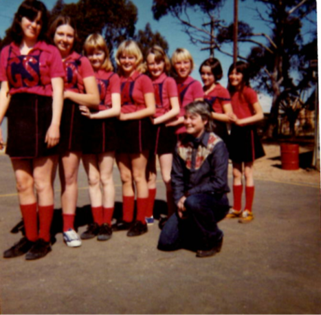 Sporn – the ‘skinny girl at the back of the photo’ poses with her winning Murrayville netball team when she was 10. Picture: supplied