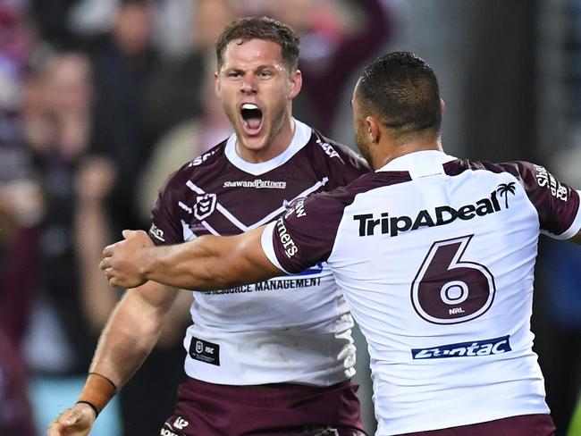 Corey Waddell of the Sea Eagles celebrates his try during the First Semi Final between the South Sydney Rabbitohs and the Manly Sea Eagles in week 2 of the NRL Finals Series at ANZ Stadium in Sydney, Friday, September 20, 2019. (AAP Image/Dean Lewins) NO ARCHIVING, EDITORIAL USE ONLY