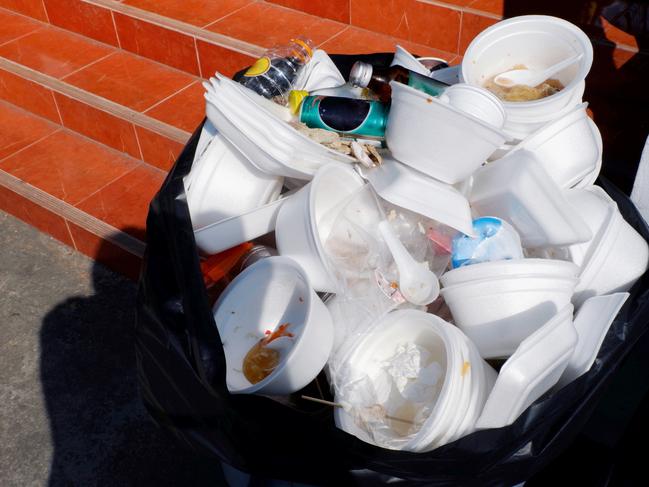 waste foam tray and plastic, waste garbage foam food tray white many pile on the plastic black bag dirty, Bin, Trash, Recycle