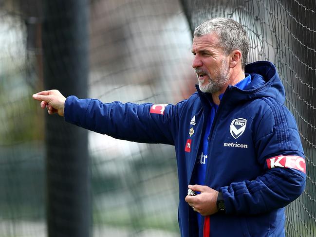MELBOURNE, AUSTRALIA - SEPTEMBER 13: Marco Kurz head coach of Melbourne Victory gives instructions during a Melbourne Victory A-League training session at Gosch's Paddock on September 13, 2019 in Melbourne, Australia. (Photo by Kelly Defina/Getty Images)