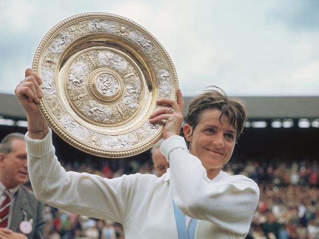 Margaret Court with the trophy of the Wimbledon tennis championships ladies' singles competition, 1970.