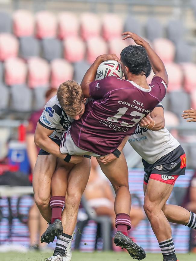 Bears Anton Whaiapu is drive backwards. Meninga Cup, Semi Final, Burleigh Bears V Souths Logan played at Kayo Sports Stadium Saturday, April 26, 2025, Photography by Stephen Archer.