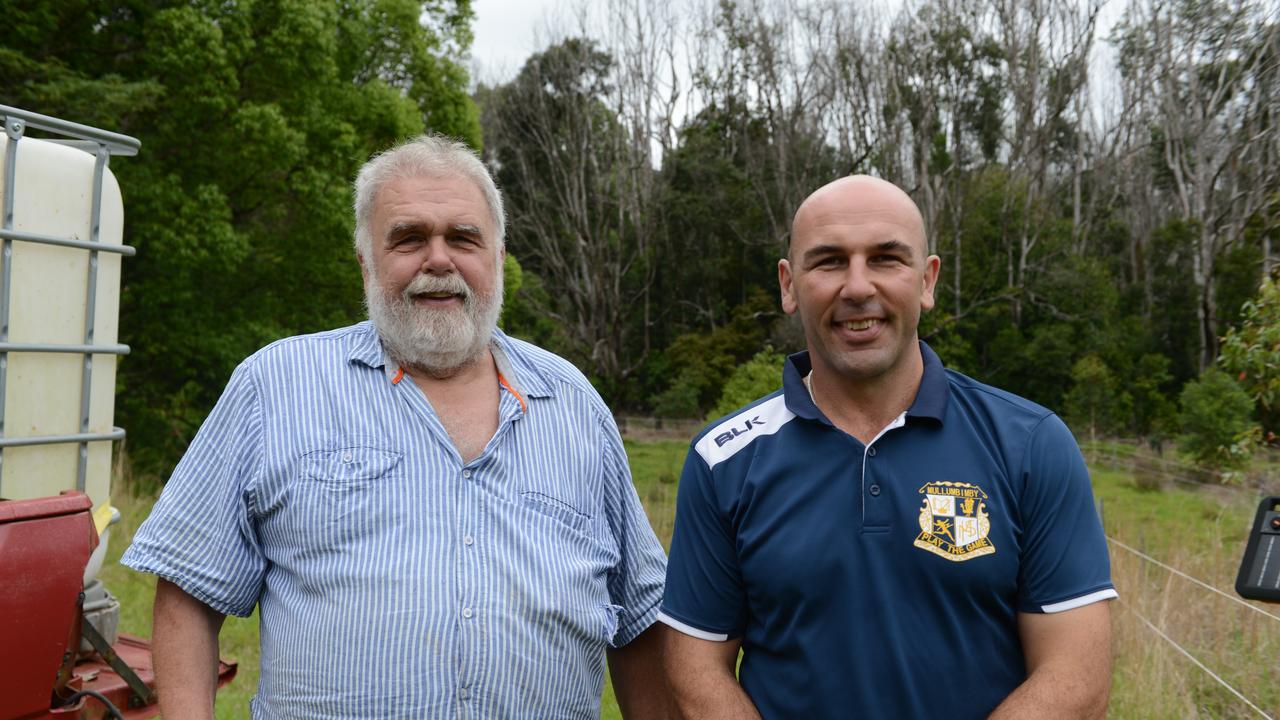 Father and son Frank and Max Binkley at their Binna Burra property. Frank began an effort to plant more koala food trees on the property three years ago and his son, a teacher at Mullumbimby High School, has continued this with a new project, Trees for Koalas - Connecting Communities. The project is aimed at increasing the number of koala food trees on private properties within the Byron Shire. The group toured a Binna Burra property on Tuesday, October 27, before planting 400 new koala food trees to build upon existing plantation works. Picture: Liana Boss