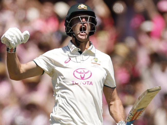 SYDNEY, AUSTRALIA - JANUARY 05: Beau Webster of Australia celebrates hitting the winning runs during day three of the Fifth Men's Test Match in the series between Australia and India at Sydney Cricket Ground on January 05, 2025 in Sydney, Australia. (Photo by Darrian Traynor/Getty Images)