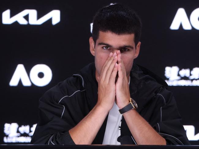 Spain's Carlos Alcaraz attends a press conference following his defeat by Serbia's Novak Djokovic. Picture: DAVID GRAY / AFP