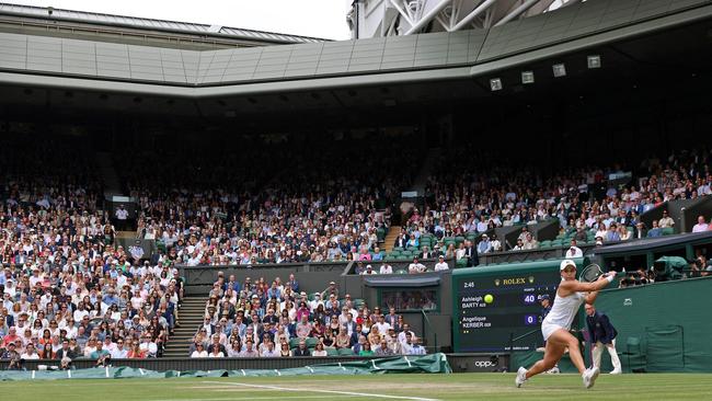 A focused Ash Barty during her Wimbledon semi final clash with Angelique Kerber. Picture: Getty Images