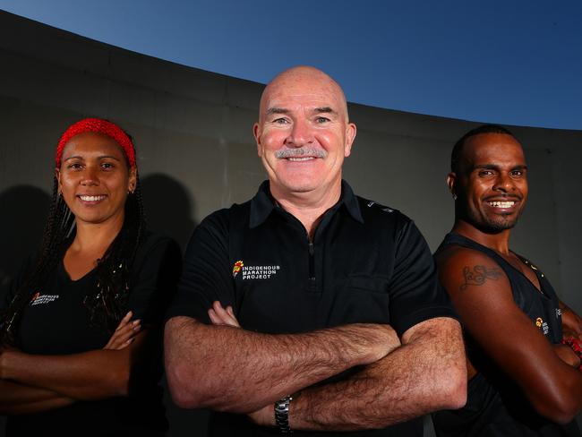 Robert de Castella with Rachel Baker and Harold Matthew, members of the Gold Coast Marathon indigenous team. Picture: Regi Varghese