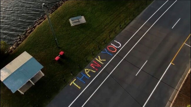 North Tumbulgum resident Jackson Kilpatrick, a drone pilot, captured the community's "Clap Your Hands and Cheer For Tumbulgum's Heroes" project.  Photo: Jackson Kilpatrick