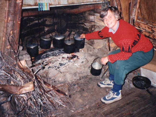 Former custodian of Halls Island, Liz McQuilkin, celebrating her birthday in Halls Hut in 1992. Picture: SUPPLIED