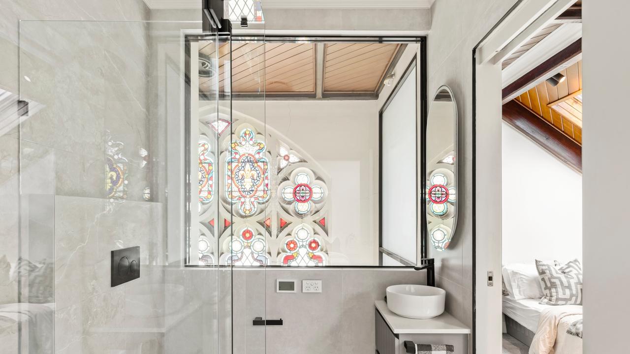 Stained glass windows make for a unique touch.