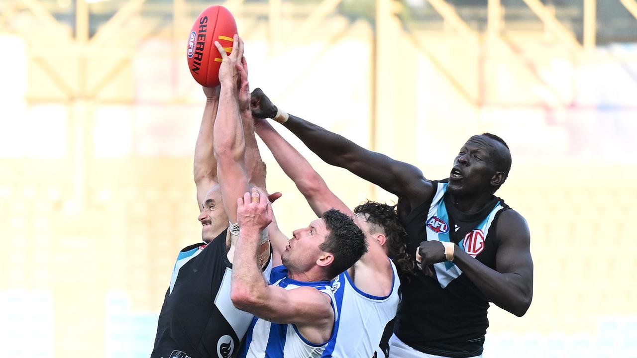 HOBART, AUSTRALIA - MAY 13: Aliir Aliir of the Power competes for the ball during the round nine AFL match between North Melbourne Kangaroos and Port Adelaide Power at Blundstone Arena, on May 13, 2023, in Hobart, Australia. (Photo by Steve Bell/Getty Images)