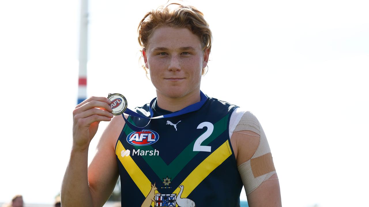 MELBOURNE, AUSTRALIA - APRIL 27: Levi Ashcroft of the AFL Academy poses with his best on ground medal during the 2024 AFL Academy match between the Marsh AFL National Academy Boys and Footscray Bulldogs at Whitten Oval on April 27, 2024 in Melbourne, Australia. (Photo by Michael Willson/AFL Photos via Getty Images)