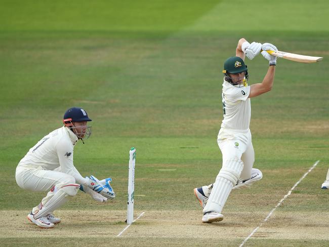 LONDON, ENGLAND - AUGUST 18: Replacement batsman Marnus Labuschagne hits out during day five of the 2nd Ashes Test match between England and Australia at Lord's Cricket Ground on August 18, 2019 in London, England. (Photo by Stu Forster/Getty Images)