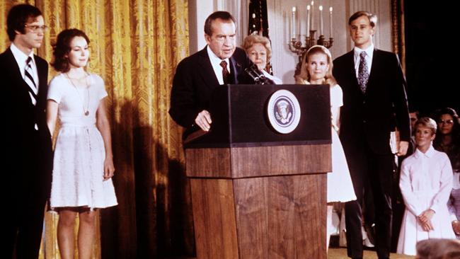 Richard Nixon resigns the presidency after the Watergate scandal in 1974. Picture: AFP