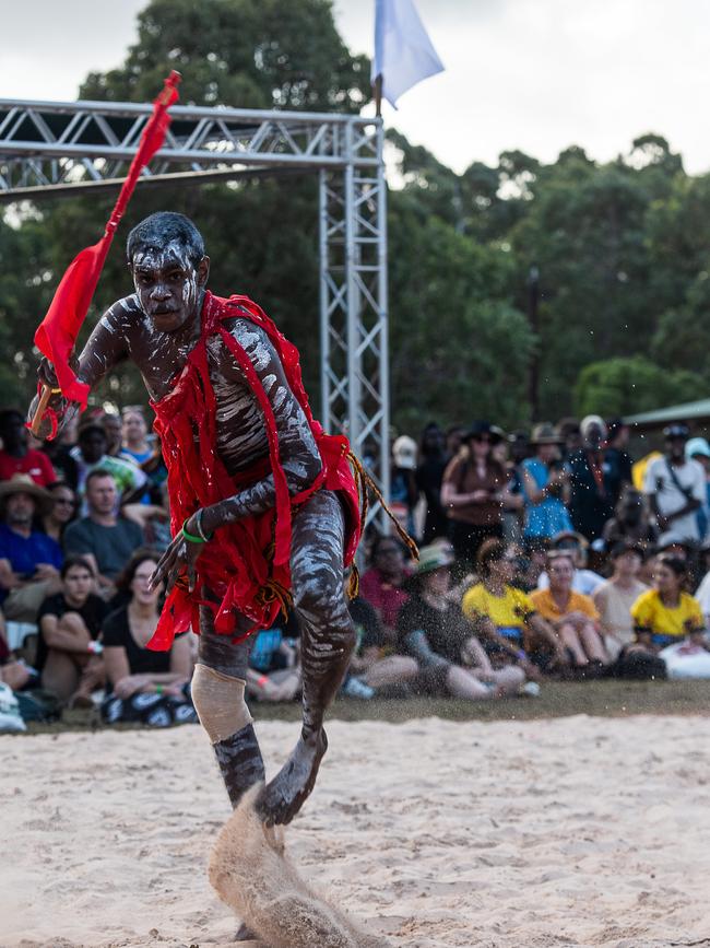 Numbulwar red flag dance at day one of Garma Festival on Friday August 2023. Picture: Pema Tamang Pakhrin