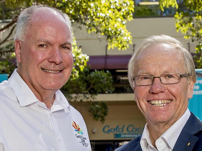 GOLDOC CEO Mark Peters and  Gold Coast 2018 Commonwealth Games Corporation Chairman Peter Beattie talking to the media post Commonwealth Games Picture: Jerad Williams