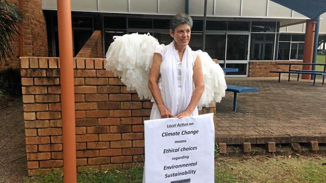 Debbie Harris, of the Climate Guardian Angels at Jiggi, was among those against Lismore City Council awarding roadwork tenders to companies linked with the controversial Adani coal mine. Picture: Claudia Jambor