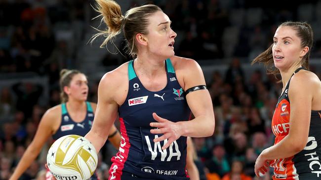 Liz Watson of the Vixens passes the ball during the Super Netball Preliminary Final match between Melbourne Vixens and GWS Giants at John Cain Arena.