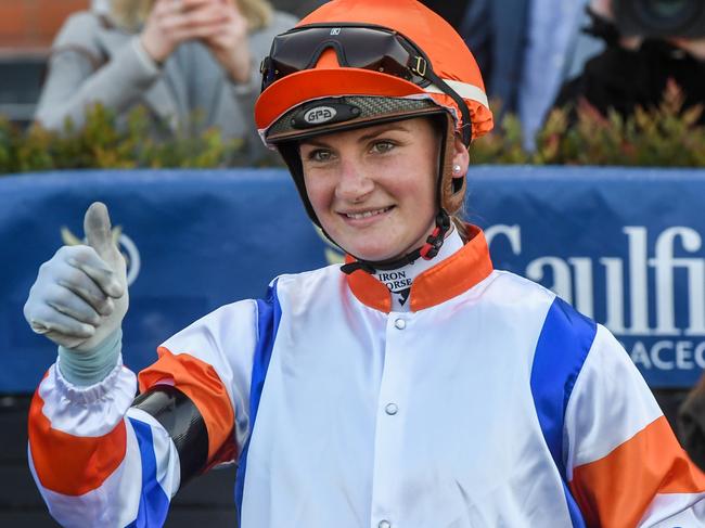 Jamie Kah after winning the Neds Filter Form Handicap  at Caulfield Racecourse on July 10, 2021 in Caulfield, Australia. (Brett Holburt/Racing Photos via Getty Images)