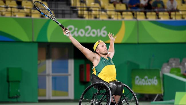 Dylan Alcott celebrates winning singles gold in Rio. AAP/Jeff Crow