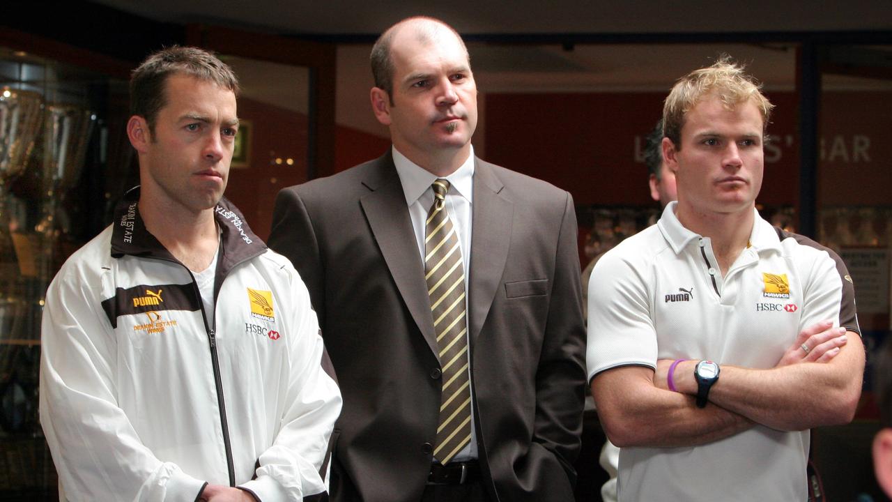 Jeff Kennett to join the Hawthorn Football Club Board. Alastair Clarkson, Jason Dunstall and Richie Vandenberg watch the conference.