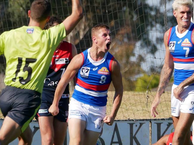 MELBOURNE, AUSTRALIA - NewsWire Photos MARCH 30, 2024: Charlie Clarke celebrates during the VFL Round 2 match between Casey Demons and Footscray Bulldogs at Casey Fields. Picture: NCA NewsWire/Blair Jackson