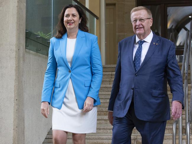 BRISBANE, AUSTRALIA - FEBRUARY 25: Qld Premier Annastacia Palaszczuk and President of the Australian Olympic Committee John Coates arrive to speak to the media during a press conference after the IOC announced targeted dialogue ahead of the 2032 Brisbane Olympic Games bid, at Queensland Parliament House on February 25, 2021 in Brisbane, Australia. (Photo by Jono Searle/Getty Images)
