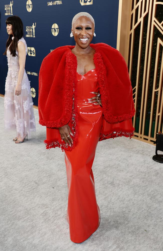 Cynthia Erivo in red hot Louis Vuitton. Picture: Getty Images