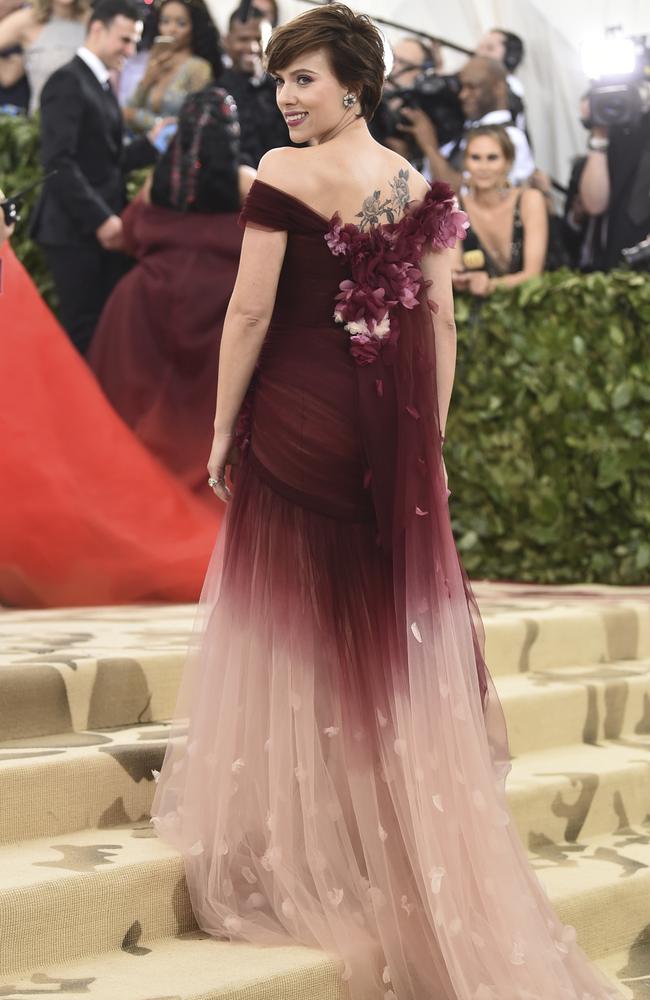 Scarlett Johansson is the first celebrity to wear Marchesa since allegations were made about Harvey Weinstein’s behaviour. Picture: Evan Agostini/Invision/AP.