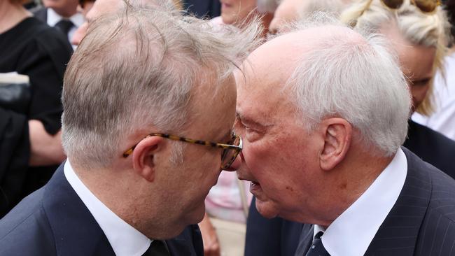 IPSWICH, AUSTRALIA - NewsWire Photos NOVEMBER 3, 2023: Prime Minister Anthony Albanese and former Prime Minister Paul Keating during the State Funeral Service for the Hon William (Bill) George Hayden AC at St. MaryÃs Catholic Church in Ipswich. Picture: NCA NewsWire/Tertius Pickard