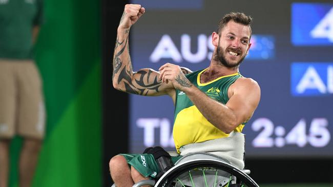 A supplied image obtained Thursday, Sept. 15, 2016 of Australian Dylan Alcott and Heath Davidson (pictured) winning gold in Quad Double wheelchair tennis final at Olympic Stadium during Day 6 of 2016 Paralympic Games in Rio de Janeiro Brazil, Tuesday Sept. 13, 2016. (AAP Image/Sport the Library, Courtney Crow)NO ARCHIVING, EDITORIAL USE ONLY