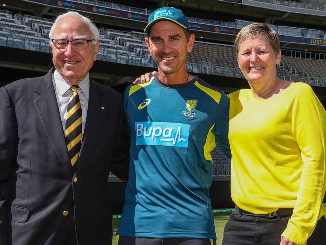 WACA Chair Ken Michael, with Australian coach Justin Langer and CEO of the WACA, Christina Matthews. Picture: Richard Wainwright / AAP