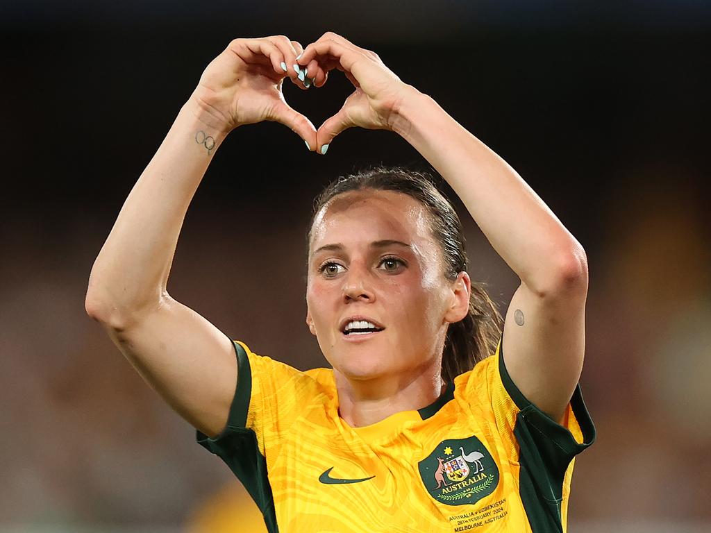 <br/>Hayley Raso was all smiles as she netted a goal during the AFC Women’s Olympic Football Tournament Paris 2024 Asian Qualifier against Uzbekistan at Marvel Stadium in Melbourne. <br/><br/>Picture: Getty