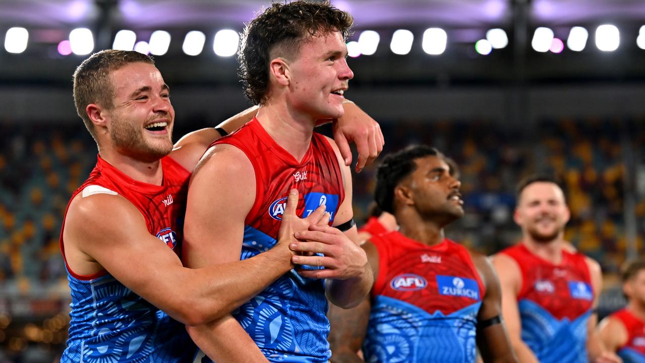 Melbourne isn’t mixing with its winning forward structure. Picture: Albert Perez/AFL Photos via Getty Images