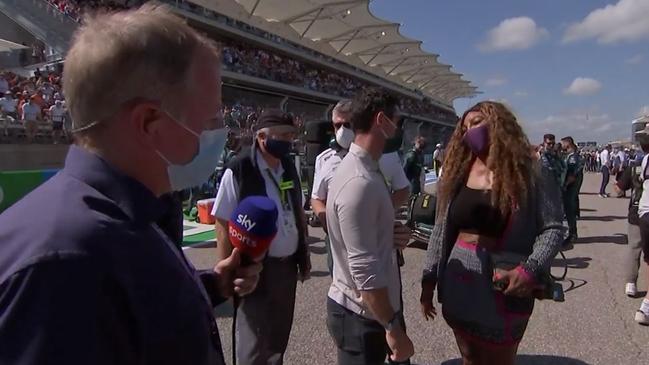 Brundle awkwardly watched the two stars engage in conversation. Picture: Kayo Sports