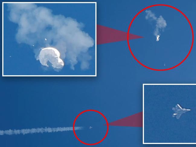 Moment of impact: the fighter jet approaches and launches a missile at the Chinese surveillance balloon at 58,000 feet above the skies off Myrtle Beach, South Carolina.