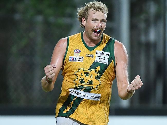 Jackson Calder celebrates a goal against Nightcliff in the preliminary final. Picture: Felicity Elliott.