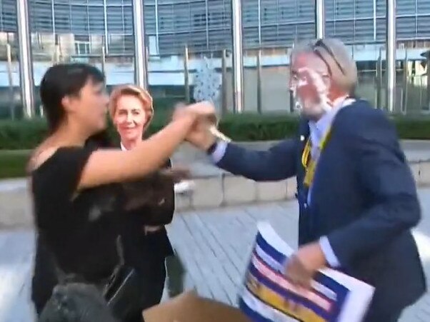 Airline CEO get pied in face. Picture: RTL-TVI