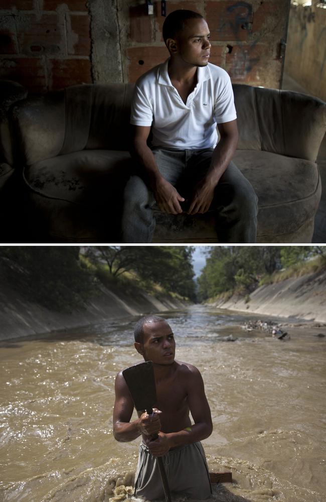 This combo of two photographs shows Angel Villanueva in his living room, top, and standing in the Guaire River where he uses a metal bar to break up the bottom of the polluted waterway. The 25-year-old, who lives with his father, turned to the river about six months ago when he lost his job at a home appliance store. When he took home finds worth $20 the first day, he was hooked. Picture: AP/Ariana Cubillos