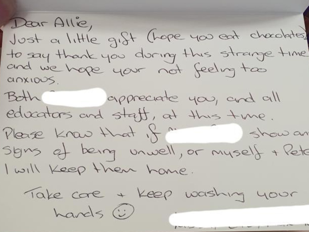 Burton Primary School teacher Allie McMullen received this note and small gift from appreciative parents. Picture: Supplied